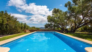 A rectangular swimming pool with clear blue water, surrounded by a stone wall and lush green trees.