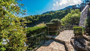 Un sentier de pierres mène à un belvédère offrant une vue panoramique, avec une rambarde en métal, le tout entouré d’une végétation luxuriante et dominé par un paysage montagneux.