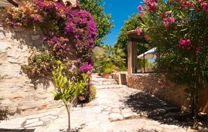 A stone pathway leading to a building with a pergola covered in pink flowers. - Amazing apartment in Arta with private swimming pool, can be inside or outside (Arta)
