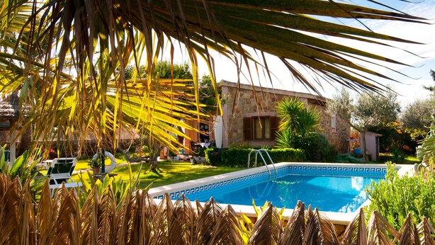 A swimming pool surrounded by palm trees and a stone building. - Lovely home in Colonia de Sant Jordi (Colonia de Sant Jordi)