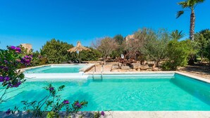 A clear blue pool with a stone deck, surrounded by greenery and a palm tree. - Awesome home in Campos with private swimming pool, can be inside or outside (Campos)