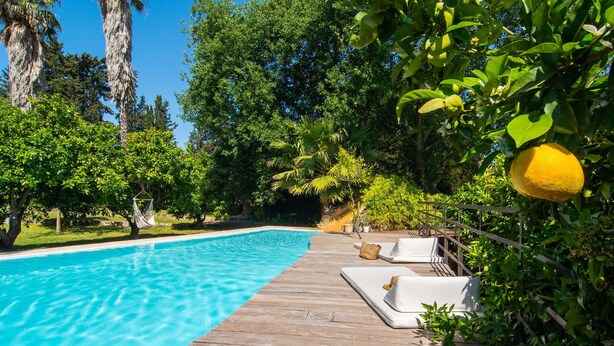A wooden deck with a swimming pool, surrounded by lush greenery and trees. - Gorgeous home in Sencelles with private swimming pool, can be inside or outside (Sencelles)
