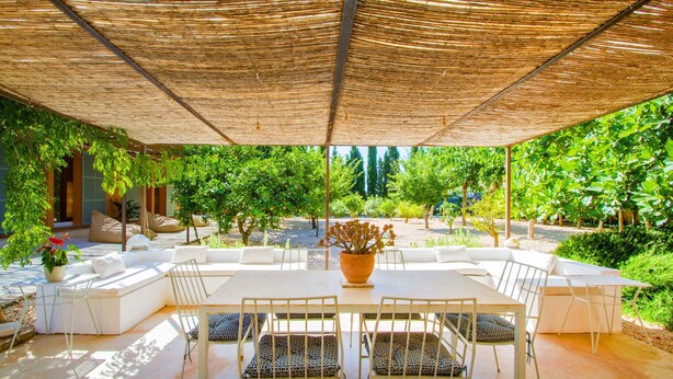 Um pátio externo com mesa e cadeiras, um toldo tecido acima e um jardim com diversas plantas e árvores.