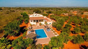 A villa with a swimming pool, surrounded by lush greenery and palm trees. - Beautiful home in Ariany with private swimming pool, can be inside or outside (Ariany)