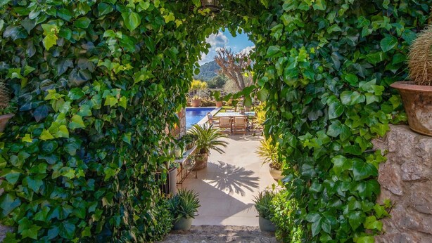 An outdoor pool area with a stone wall, potted plants, and a view of the mountains. - Stunning home in Esporles with private swimming pool, can be inside or outside (Esporles)