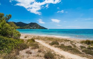 Una playa con un camino despejado que lleva a la orilla, un bote en el agua y una montaña al fondo.