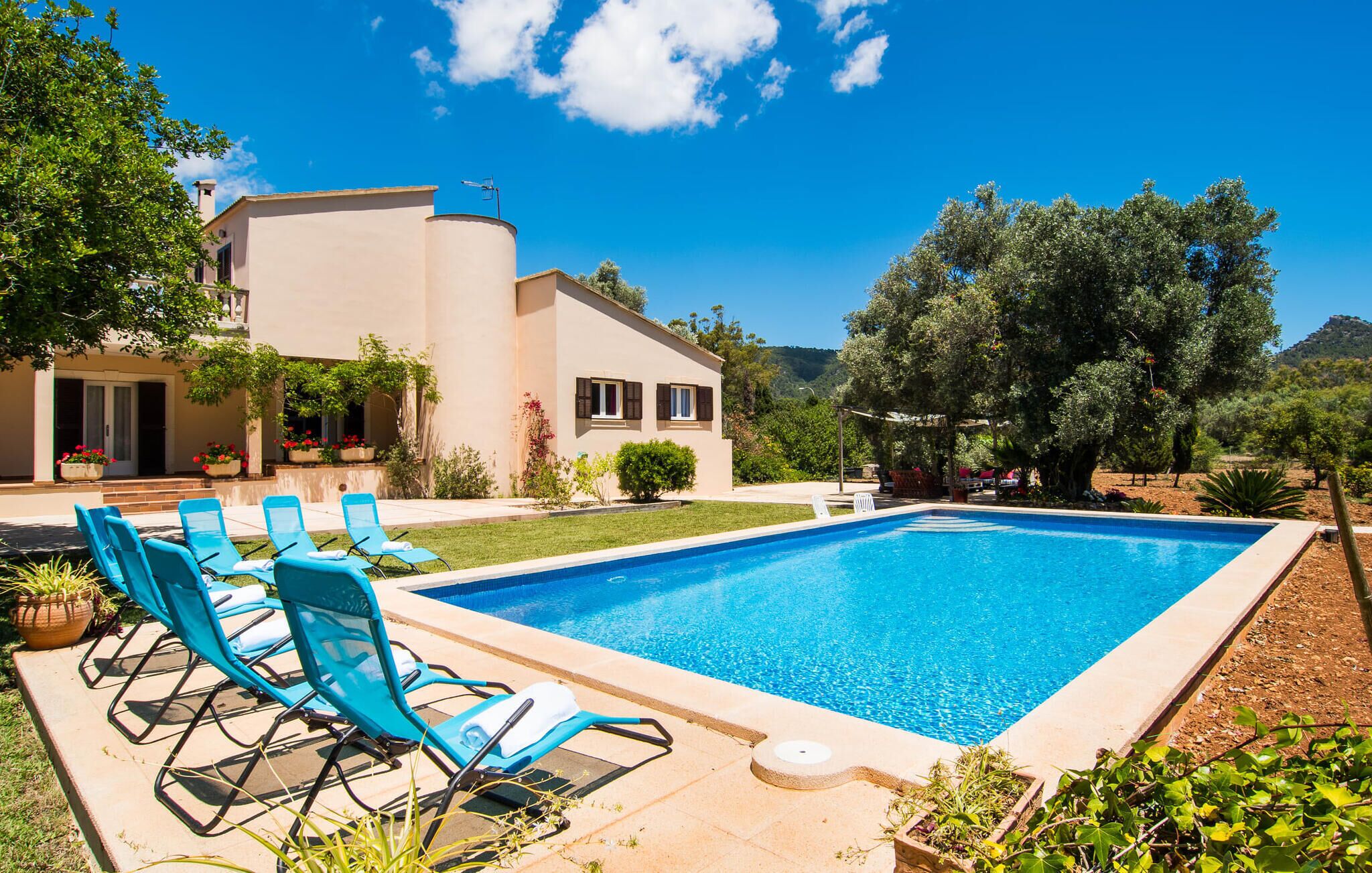 Una piscina con acqua azzurra, circondata da un giardino ricco di piante e alberi.