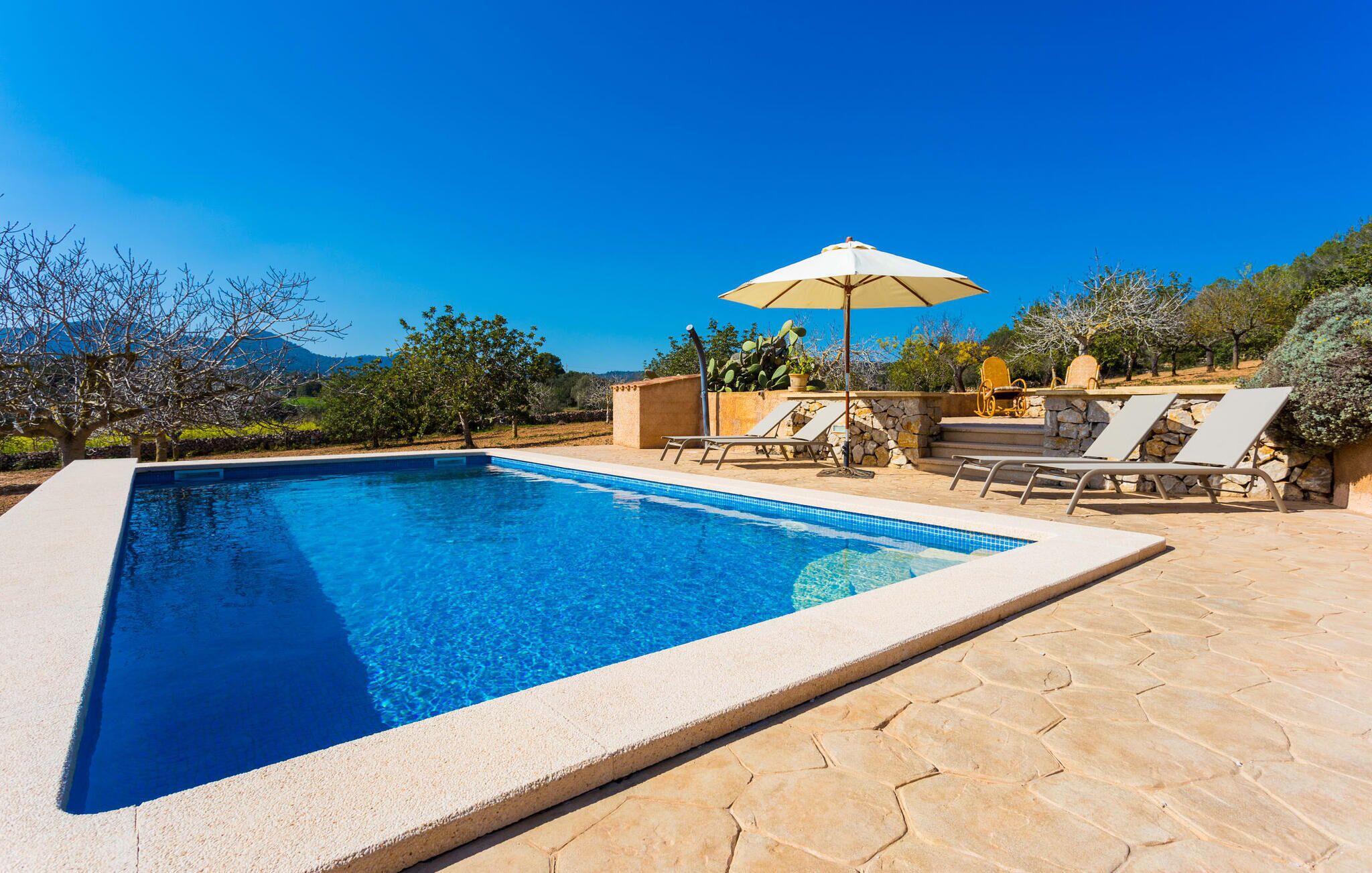 A rectangular swimming pool with clear blue water, surrounded by stone tiles. There are lounge chairs and a table with an umbrella, and the area is landscaped with various plants and trees.
