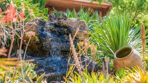 A rock formation with a small waterfall, surrounded by various plants and a rustic pot. - Cozy home in Colonia de Sant Pere (Colonia de Sant Pere)
