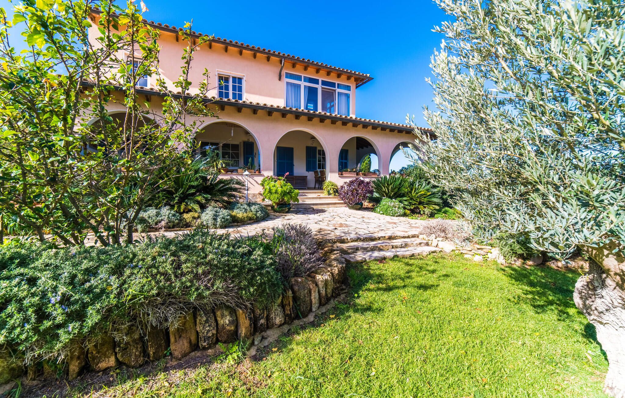A Mediterranean-style villa with a stone pathway leading to the entrance, surrounded by lush greenery and olive trees.