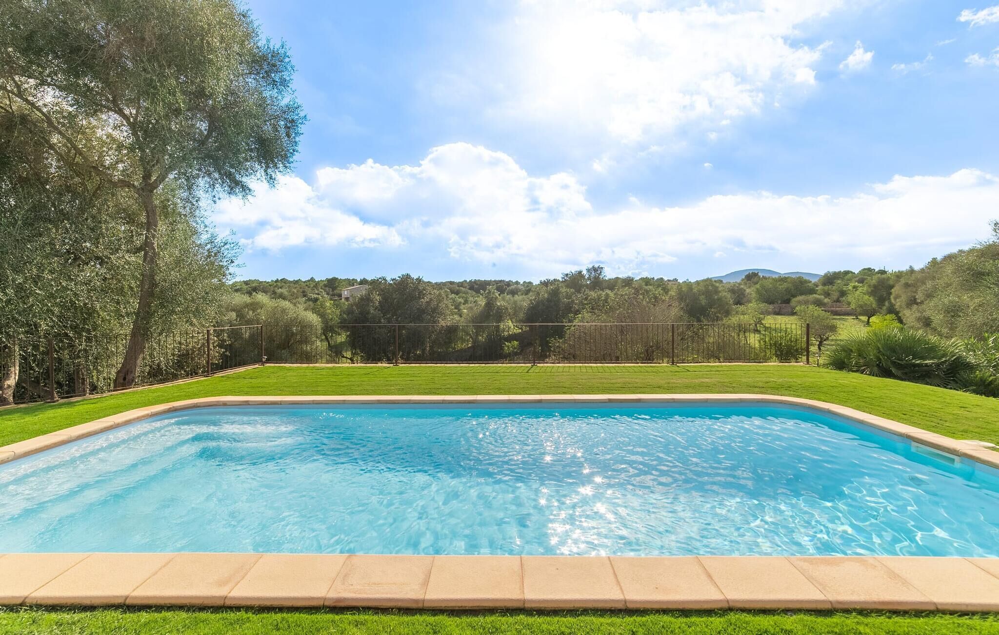 A rectangular swimming pool with a clear blue water surface, surrounded by a well-maintained lawn and a fence.