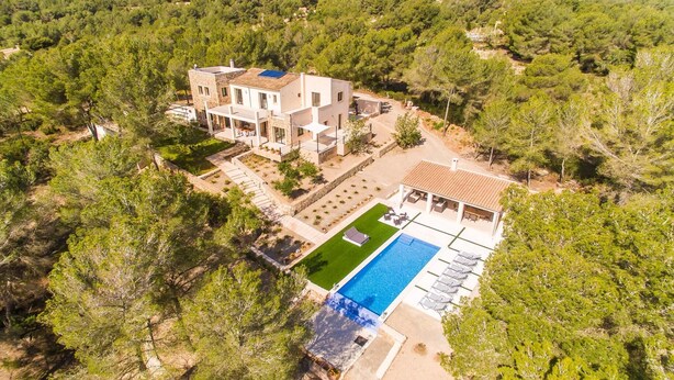 Una amplia villa moderna con piscina, rodeada de un bosque frondoso.