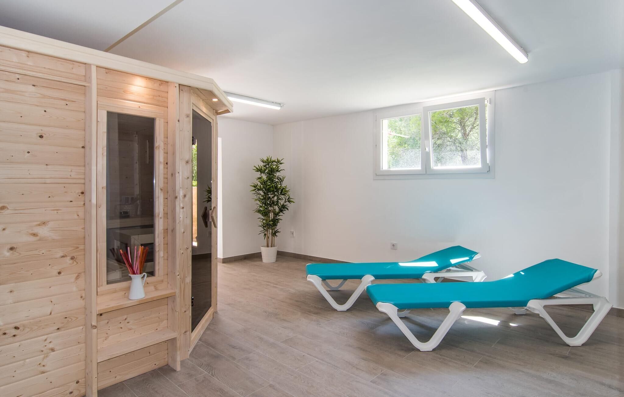 A room with wooden paneling, two turquoise lounge chairs, a potted plant, and a window with natural light.