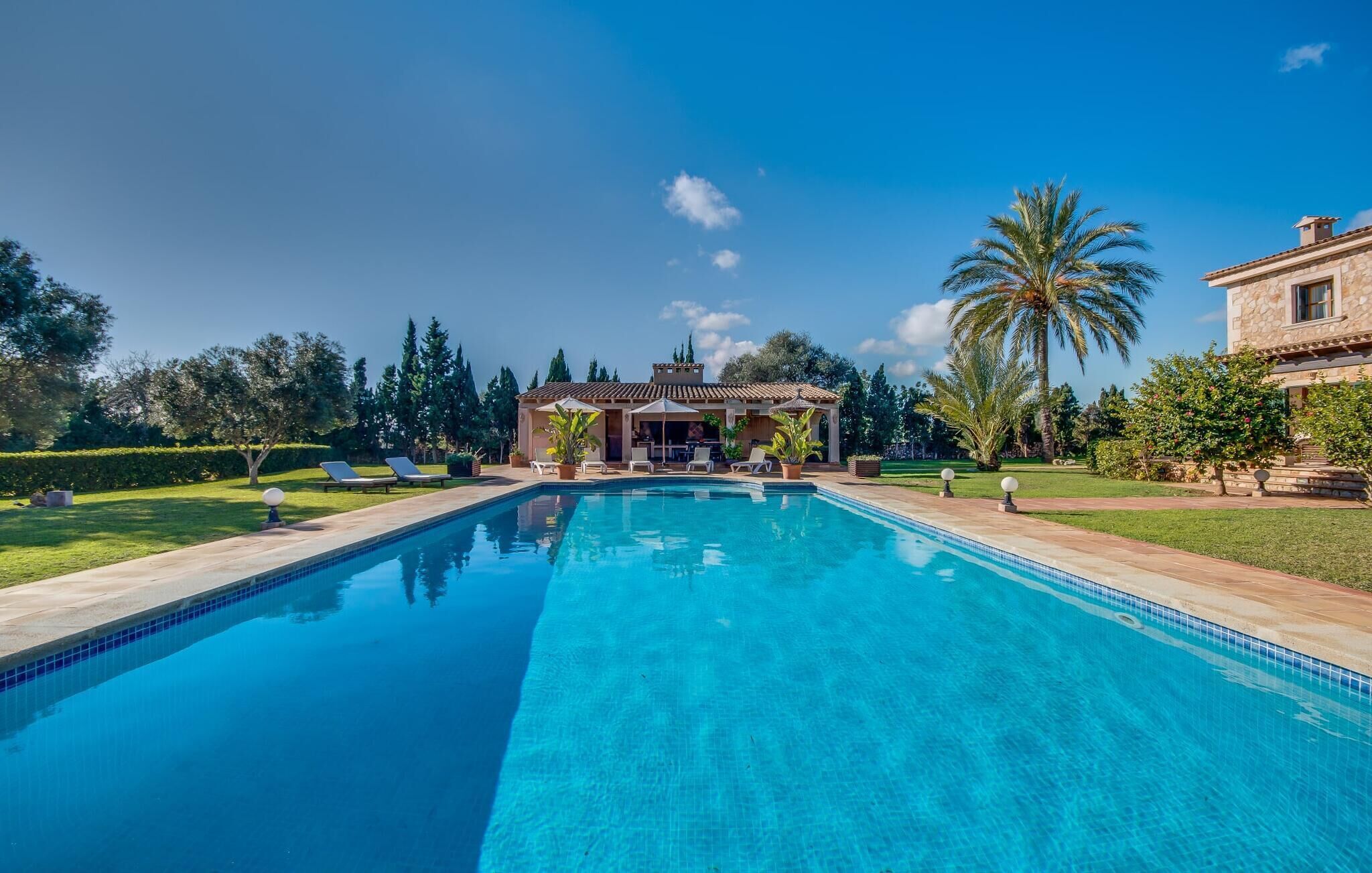 Una piscina rectangular amb aigua transparent de color blau, envoltada per un jardí ben cuidat i arbres. Hi ha un edifici amb teulada enrajolada i un porxo cobert amb mobiliari exterior.