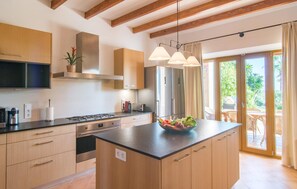 Eine moderne Küche mit Holzausstattung, einer zentralen Kochinsel und Blick auf eine Terrasse.