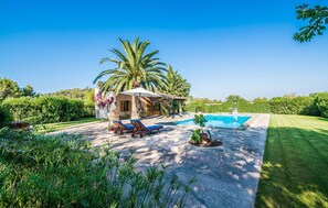 A backyard with a swimming pool, two lounge chairs, a palm tree, and a small garden area. - Can Jaume d'Es Carritxo (Felanitx)