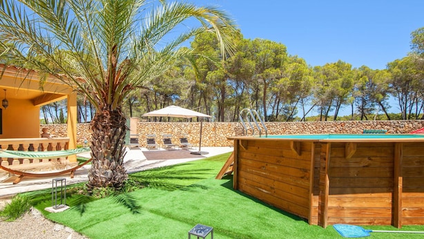A wooden poolside area with a stone wall, a palm tree, and a covered seating area.