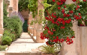 A stone pathway flanked by lush greenery and red flowers, leading to a green door. - Amazing home in Santanyi with private swimming pool, can be inside or outside (Santanyi)