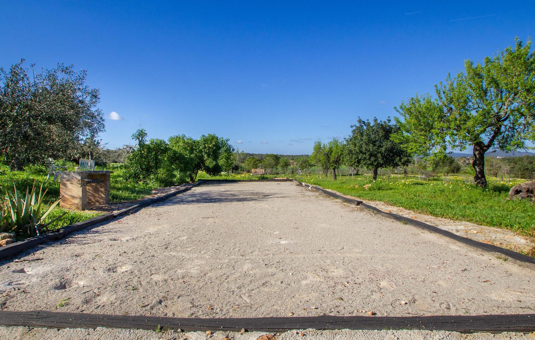 A gravel driveway leading to a building with a wooden fence and trees on either side.