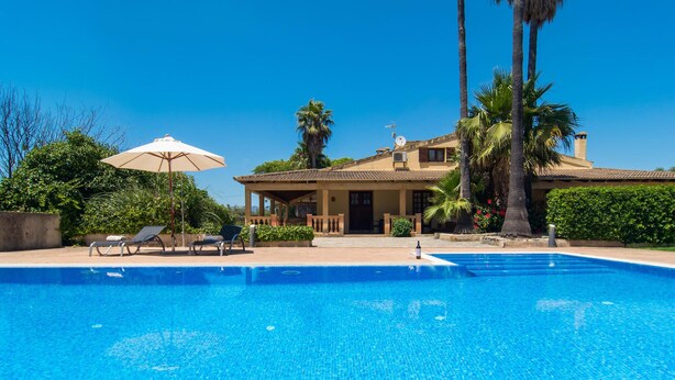 Ein Pool mit Liegestühlen und Sonnenschirm, ein Haus mit Ziegeldach und Palmen.