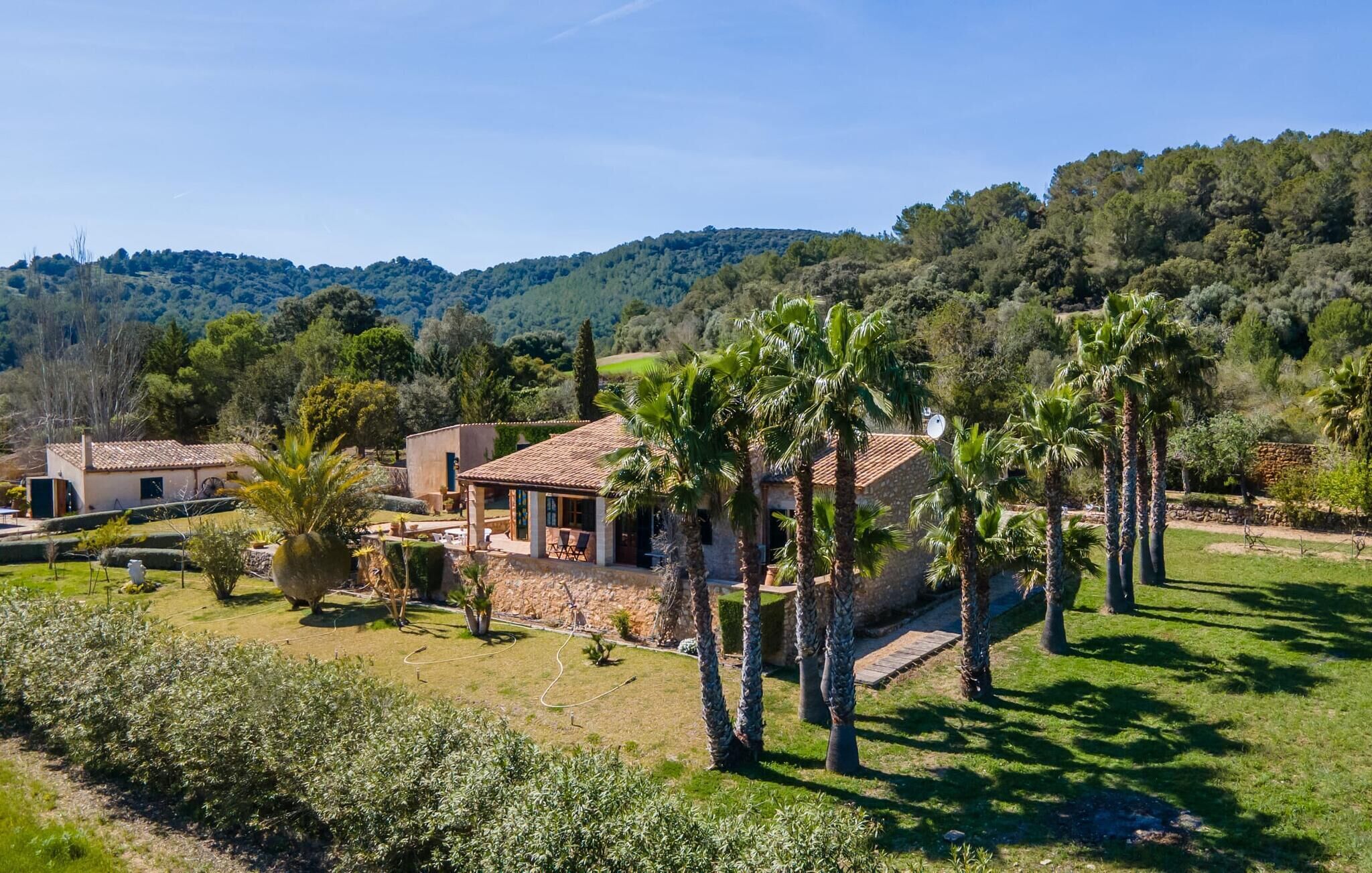 A villa with a tiled roof, surrounded by palm trees and a lush garden.