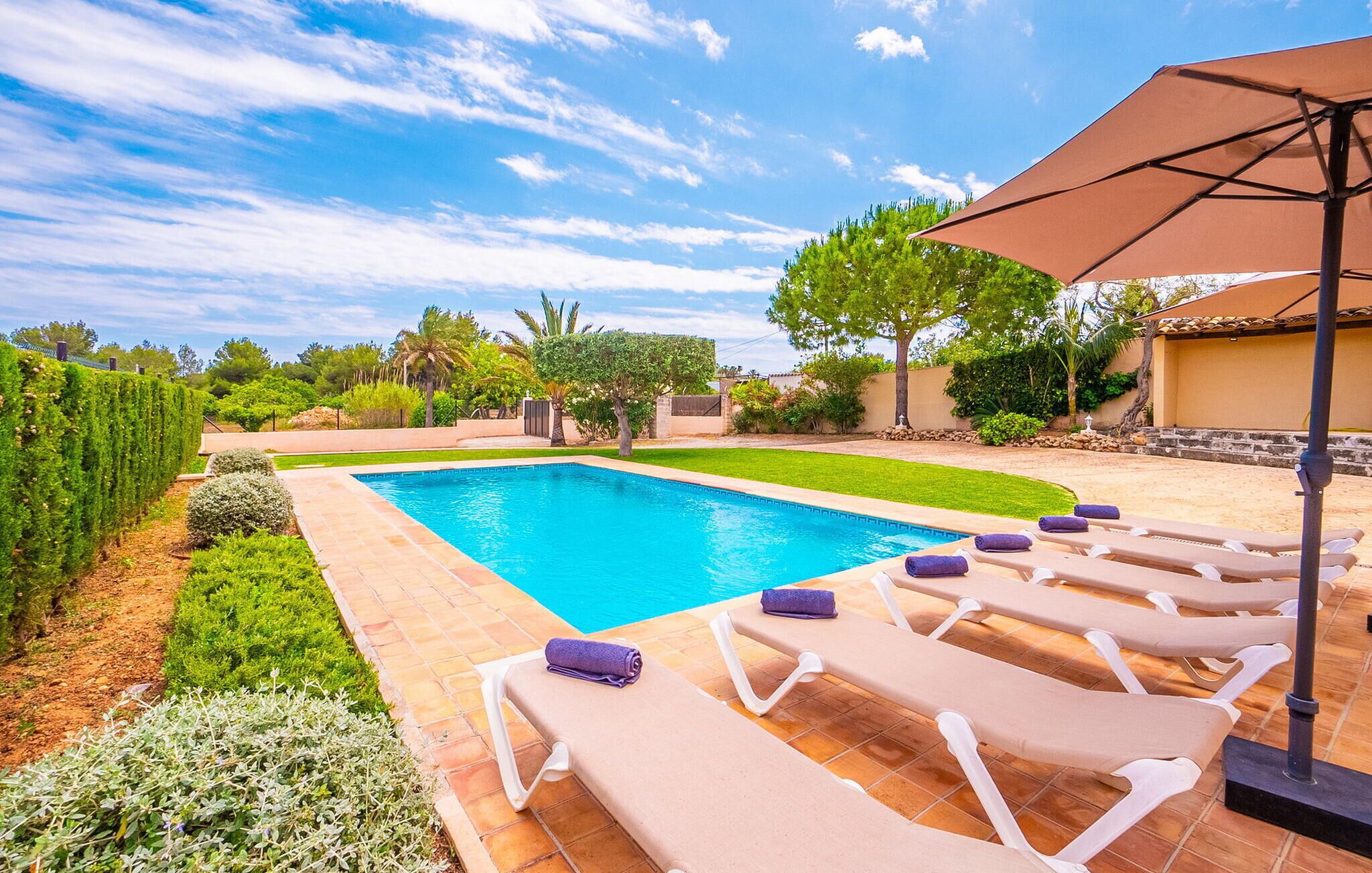 A rectangular swimming pool with a tiled deck, surrounded by a well-maintained lawn and various shrubs. There are several lounge chairs with towels, and a large umbrella providing shade.