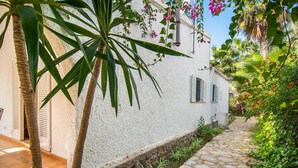 A narrow stone pathway flanked by lush greenery and a white building with shutters. - 3 bedroom gorgeous home in Alcudia (Alcudia)