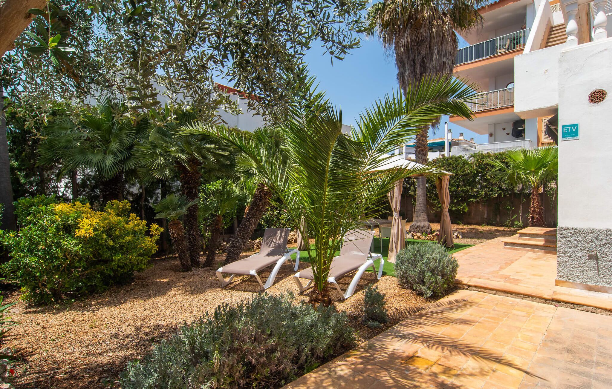 A courtyard with palm trees, lounge chairs, and a tiled walkway.