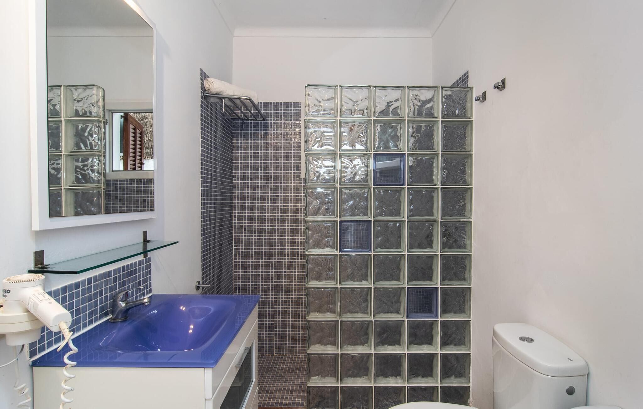 Ein Badezimmer mit blauem Waschbecken, einer Duschkabine aus Glas und einer Toilette.