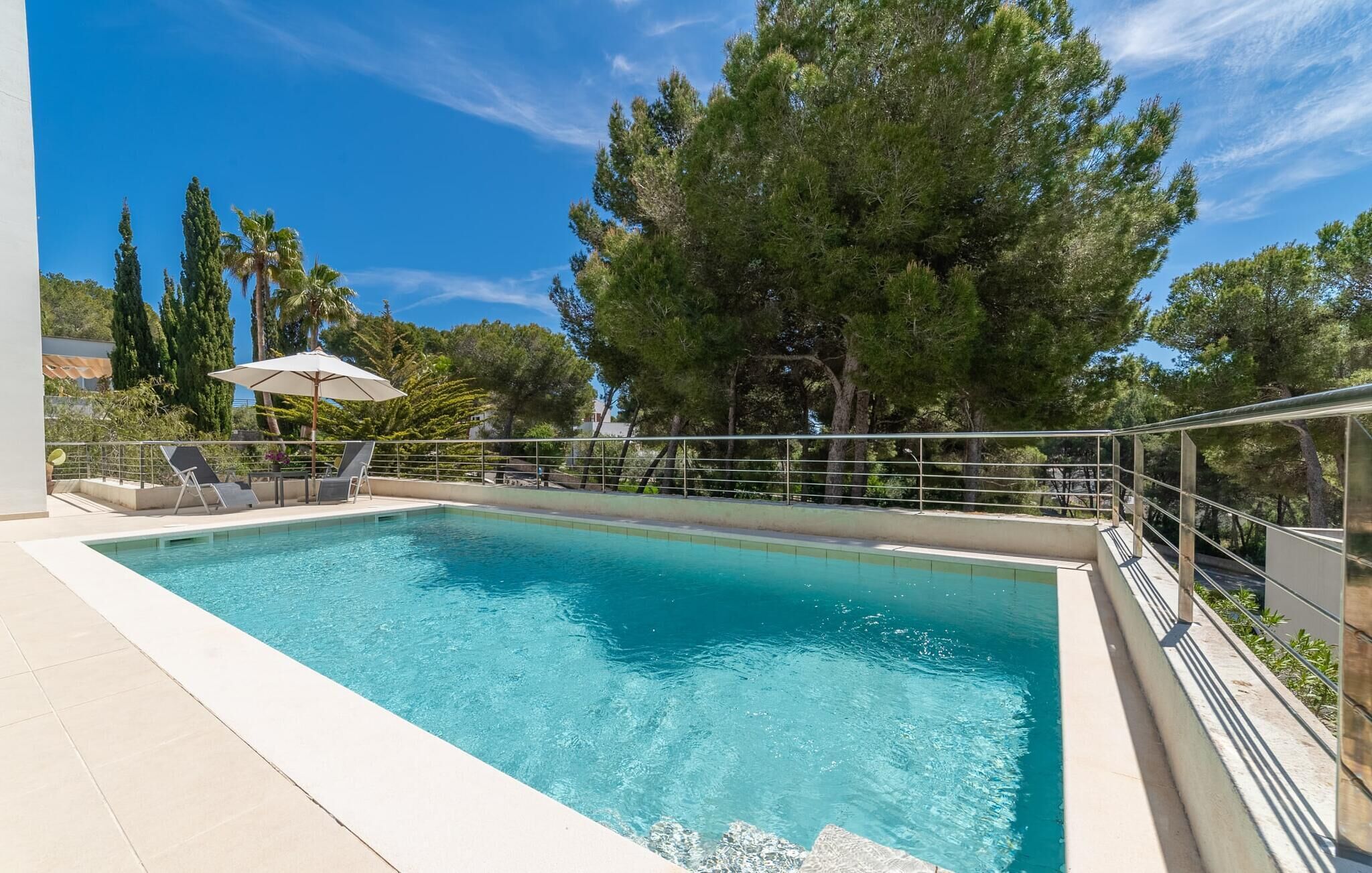 A rectangular swimming pool with a metal railing, surrounded by trees and a clear sky.