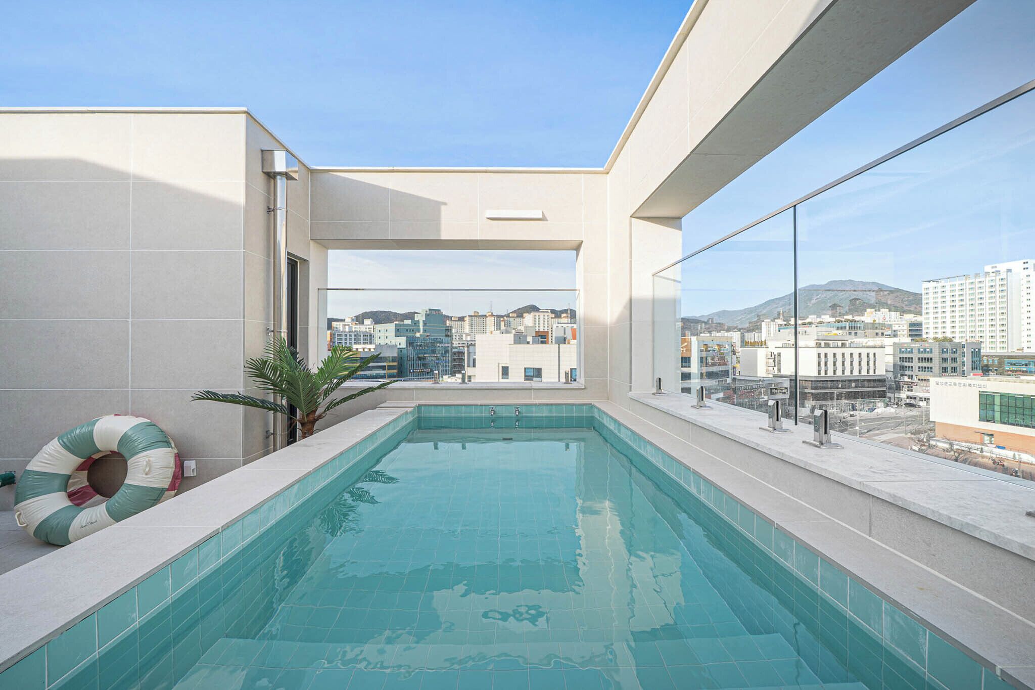 Une piscine sur le toit avec vue sur la ville, une bouée de sauvetage et un palmier.