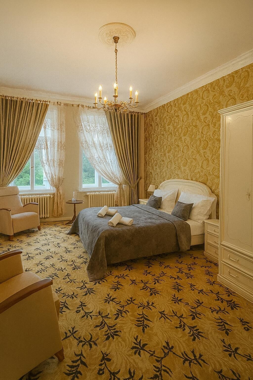 A bedroom with a bed, a chair, a dresser, and a chandelier.