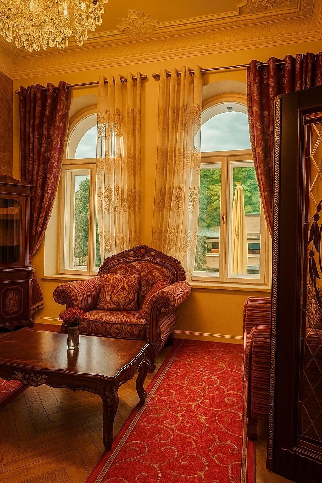 Ein Zimmer mit einer Couch, einem Tisch und einem fensterbepflanzten Fenster.
