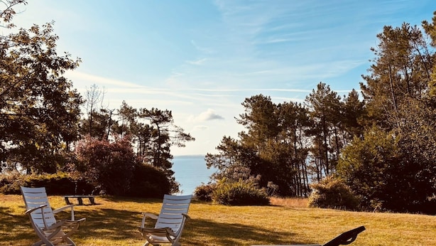 Ett grönområde utomhus med solstolar och utsikt över havet.