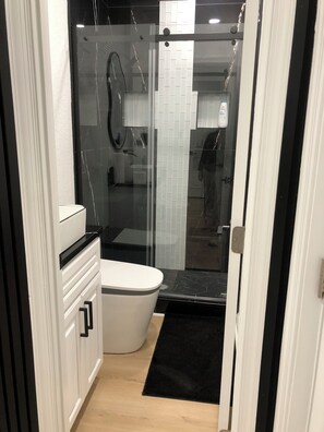 Douche, sèche-cheveux, bidet, serviettes fournies