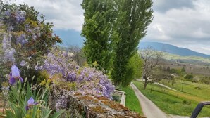 Eine Steinmauer mit einem Garten, der violette Blumen und weiße Blüten, einen Pfad und einen Blick auf eine grüne Landschaft mit Bäumen und Hügeln zeigt.