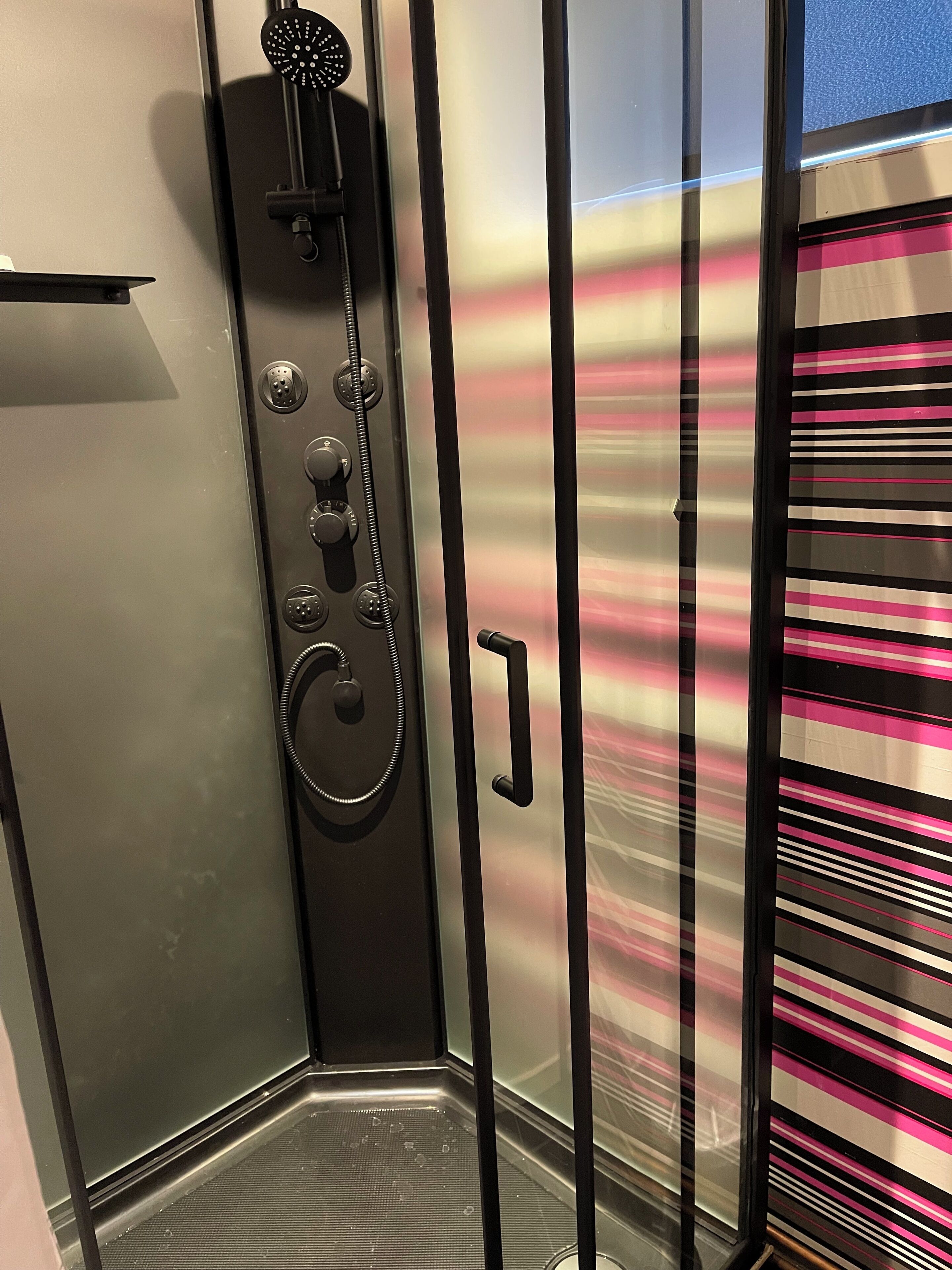 Shower, hair dryer, towels, toilet paper