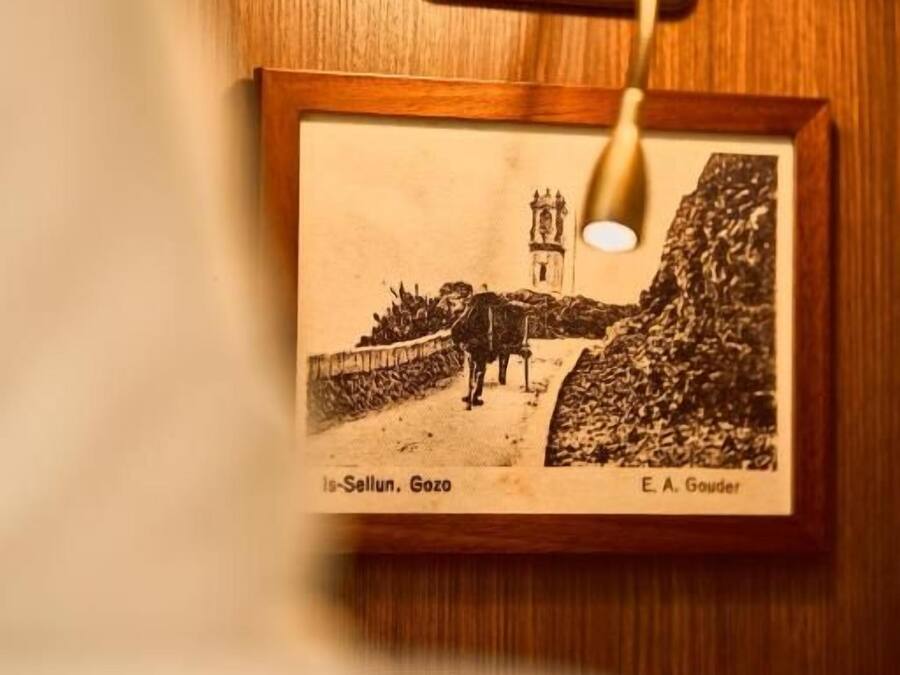 A framed photograph of a landscape with a cow and a building, mounted on a wooden wall.