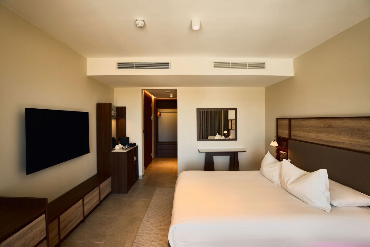 A hotel room with a large bed, a TV mounted on the wall, a desk, and a mirror.