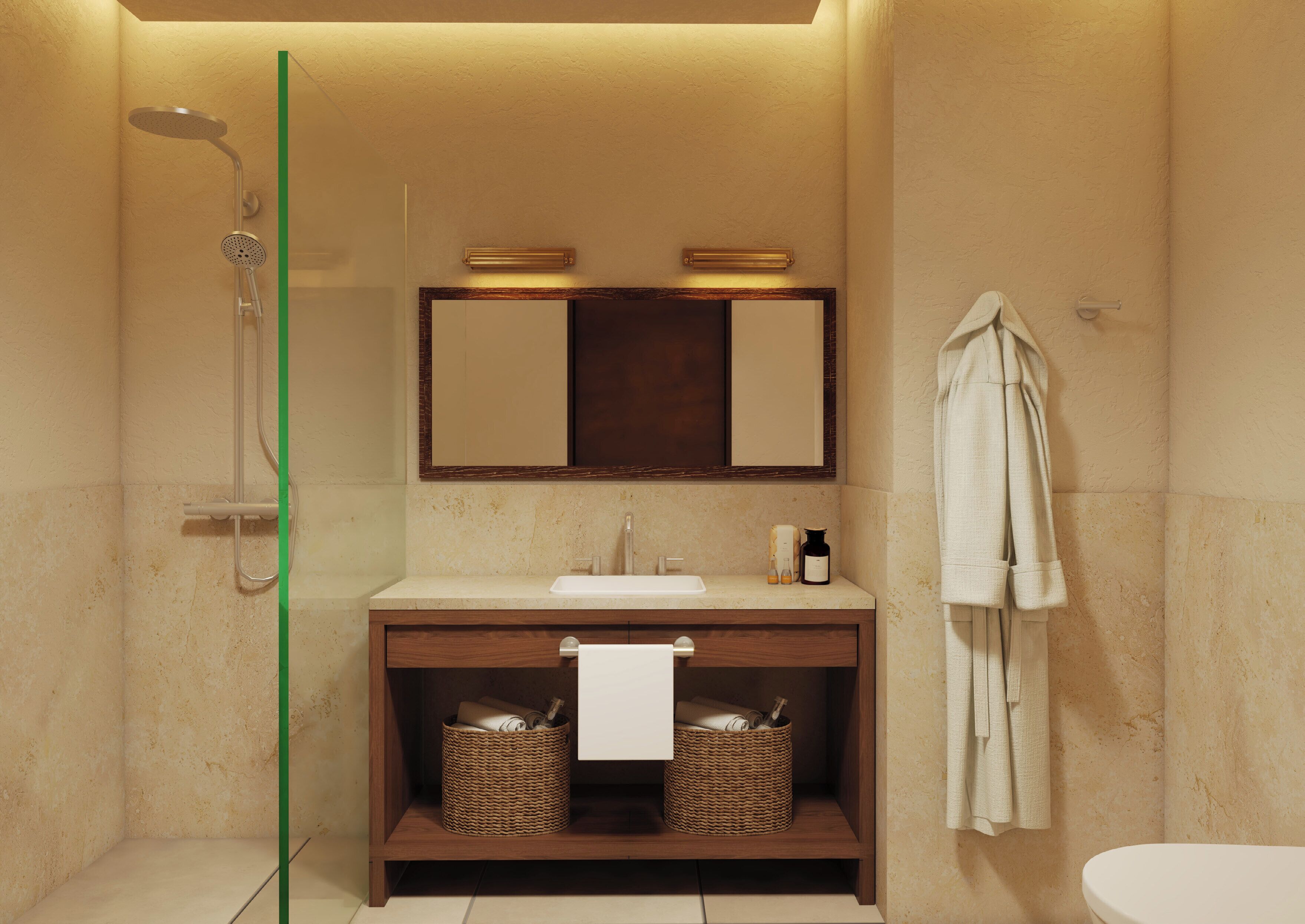 Shower, hair dryer, slippers, towels