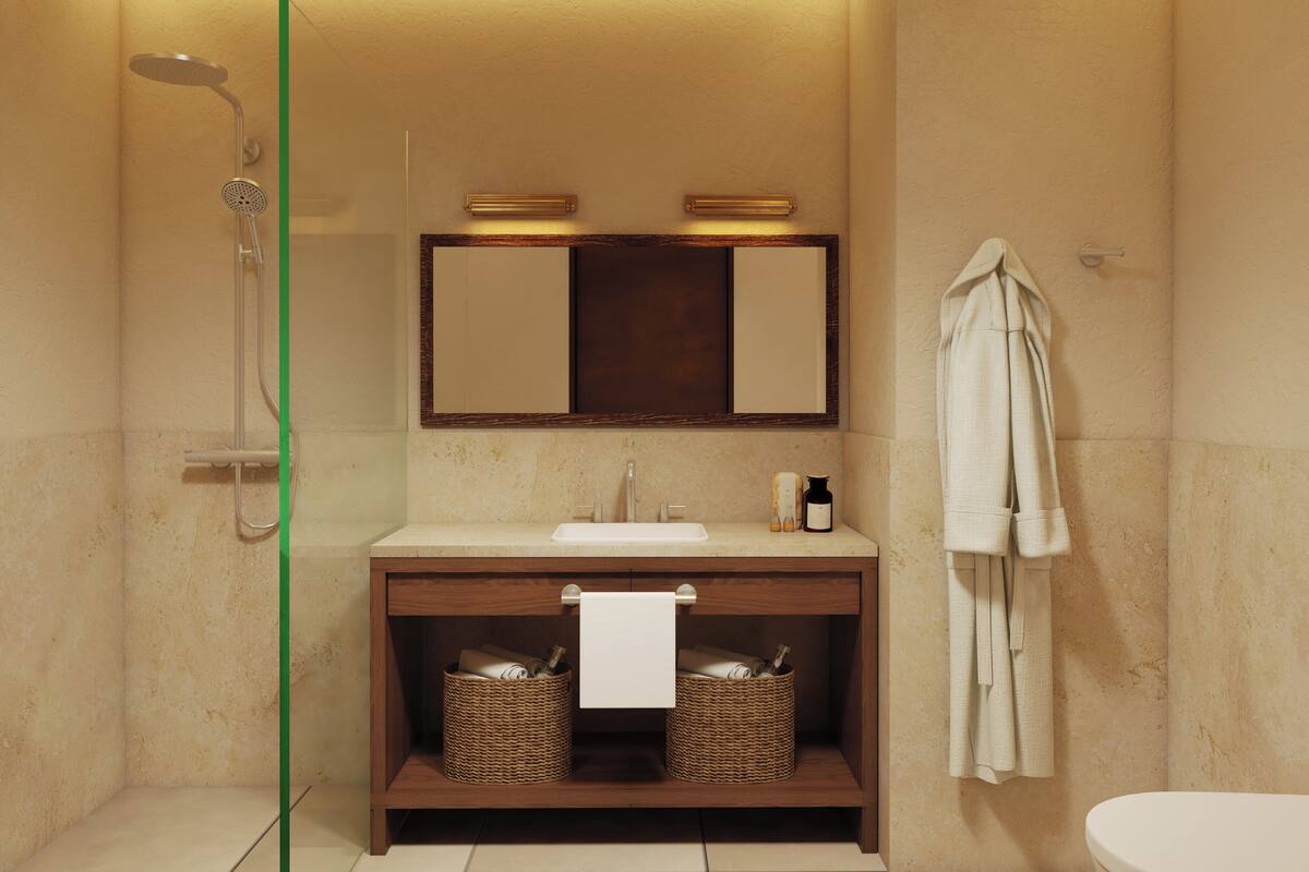 Shower, hair dryer, slippers, towels