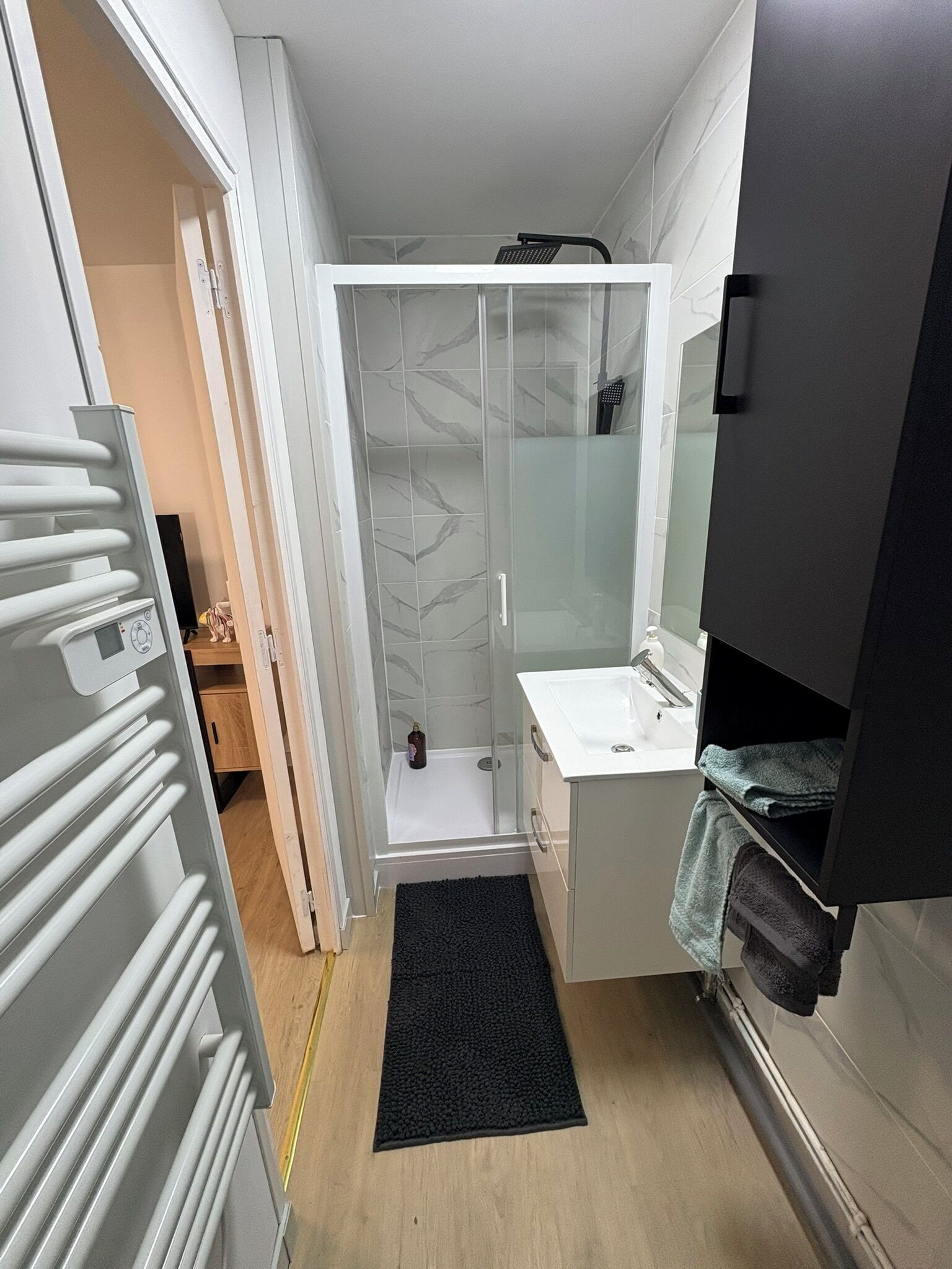 Hair dryer, towels, soap, toilet paper