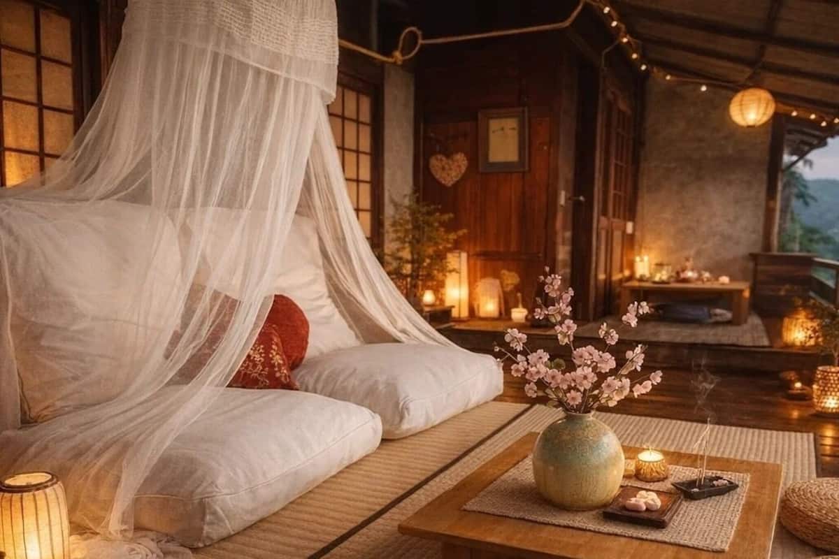 A traditional Japanese-style room with tatami flooring, a low wooden table with a vase and candles, and a canopy bed with white bedding.