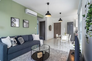 Apartment, 1 Double Bed with Sofa bed, Kitchen, City View | Living area | Smart TV, Netflix, streaming services - Artemis 1-BR Apt. & Terrace in Larnaca (Larnaca)