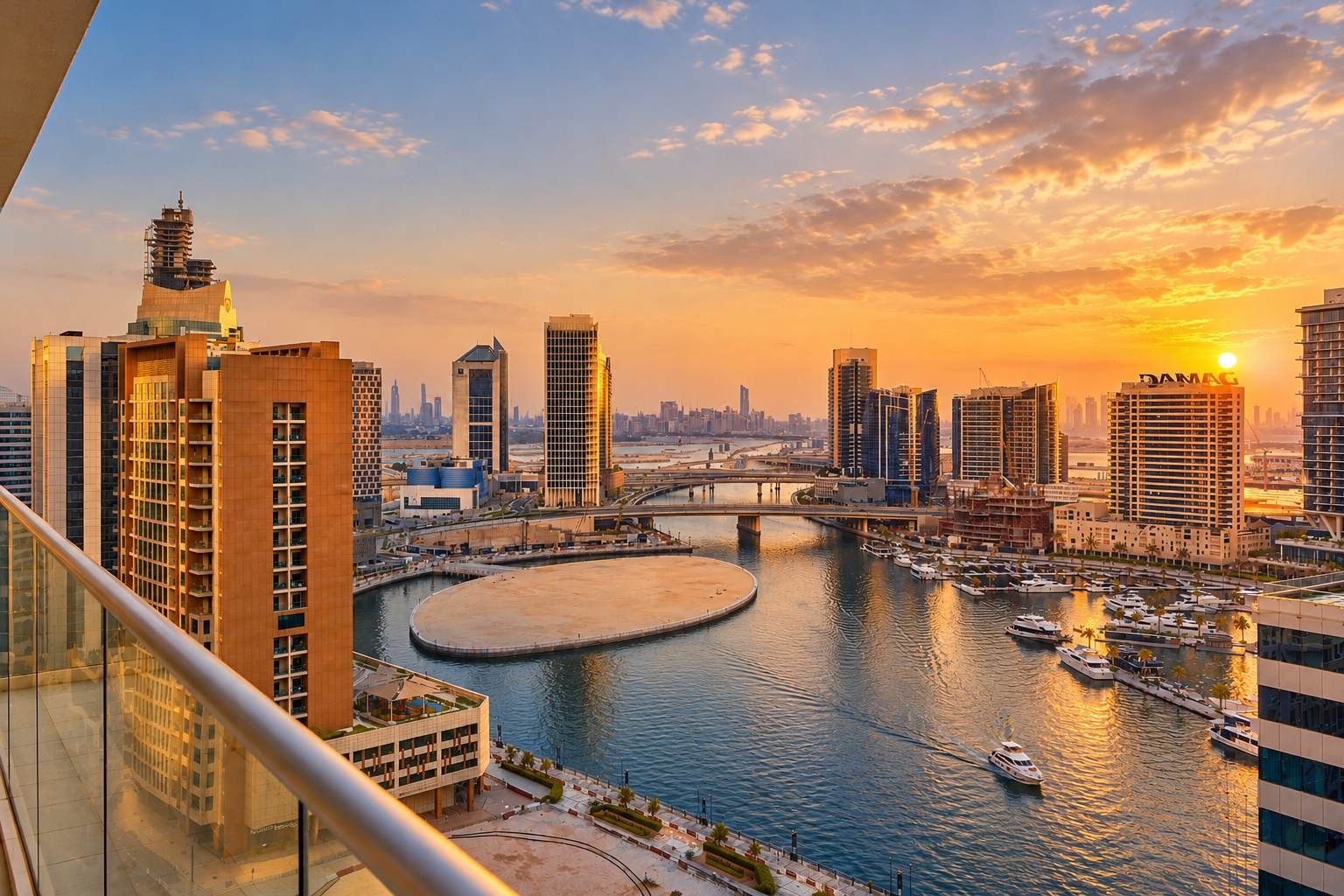 A cityscape with a river, bridges, and high-rise buildings, including a prominent building with 'DAMAC' signage.