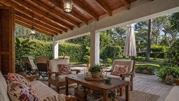 An outdoor patio with wooden furniture, a table with decorative items, and a view of a lush garden. - NEW CA NA CARMEN HOUSE with swimming pool (Sa Pobla)
