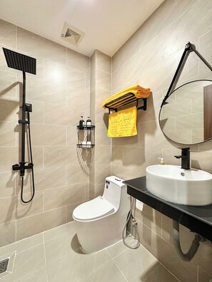 Standard Studio, City View | Bathroom | Shower, hair dryer, slippers, towels