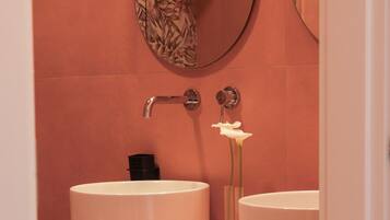 Hair dryer, bidet, towels, soap