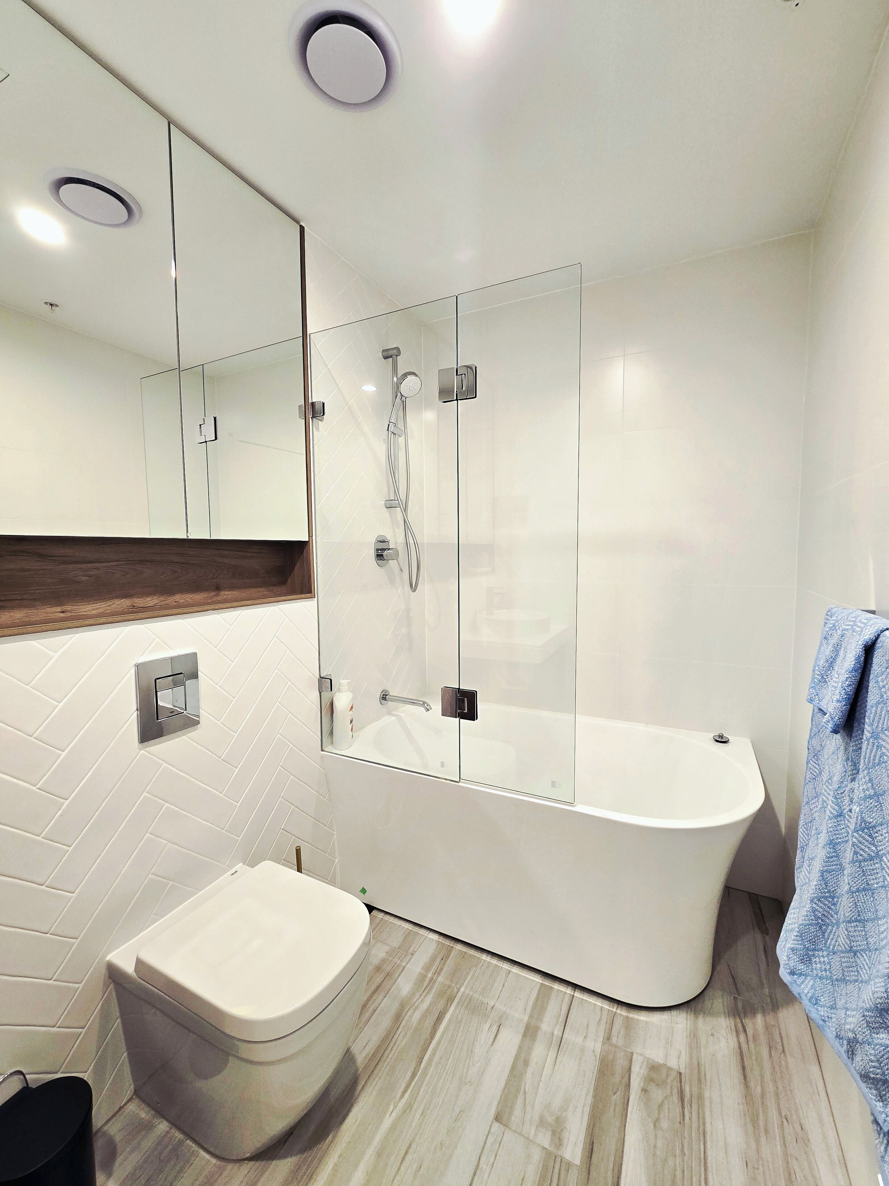 Shower, towels, soap, shampoo
