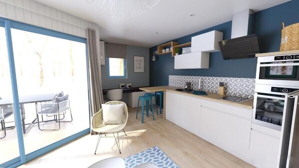 Chalet, Garden View | Private kitchen | Highchair - Le Pré Marin (Sotteville-sur-Mer)